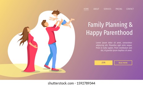 Web Page Design Template For Family Planning, Parenthood, Childhood And Happy Life. Pregnant Mom, Dad And Child. Vector Illustration 