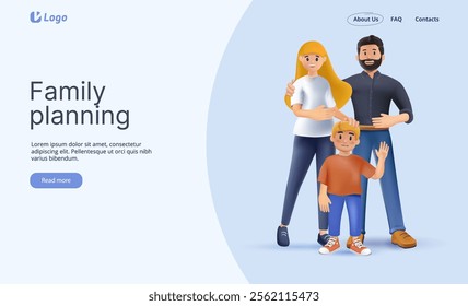 Web page design template for family planning, family insurance, happy life. Modern vector illustration 3D concepts for website and mobile website development