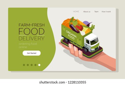 Web page design template for farm fresh food, online food ordering, organic vegetable delivery. Smartphone in hand. Vector illustration isometric concepts 