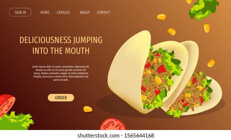 Web page design template for Fast food, Tacos, Cooking, Food ordering, Mexican cuisine. Yummy Tacos with meat, tomato, lettuce, corn. Perfect for poster, banner, flyer, menu, website.