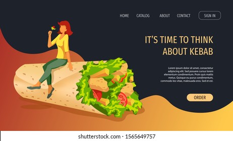 Web page design template for Fast food, Kebab, Cooking, Food ordering. Tiny woman with huge kebab with chicken, tomato, lettuce, french fries. Perfect for poster, banner, flyer, menu, website.