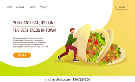 Web page design template for Fast food, Tacos, Cooking, Food ordering, Mexican cuisine. Tiny man with huge tacos with meat, tomato, lettuce, corn. Perfect for poster, banner, flyer, menu, website.