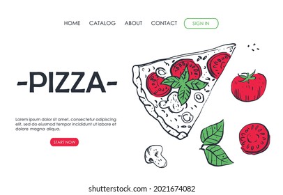 Plantilla de diseño de páginas Web para comida rápida. Pizza, queso, tomate, aceitunas, albahaca, salami y setas. Ilustración vectorial para afiches, banner, desarrollo de sitios web, volante, menú.