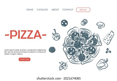 Web page design template for fast food. Pizza, cheese, tomato, olives, basil, salami, and mushrooms. Vector illustration for poster, banner, website development, flyer, menu.