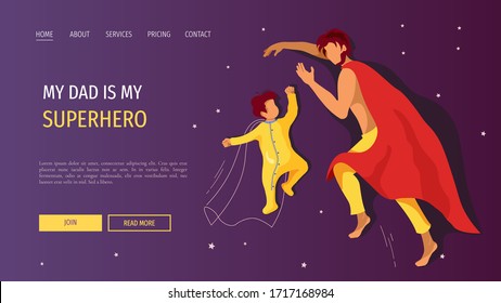 Web page design template for Father's Day, Superhero, Fatherhood, Happy family. Sleeping dad with a red blanket and baby. Vector illustration for poster, banner, website.