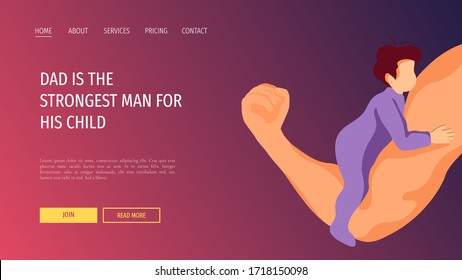 Web page design template fot Father's Day, Parenthood, childhood, father and child. Baby sitting on dad's strong arm. Vector illustration for poster, banner, website.