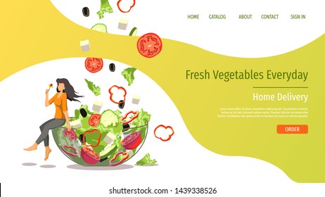 Web page design template for fresh vegetables, organic food, natural products, online food ordering, recipes. Vector illustration for poster, banner, website development.