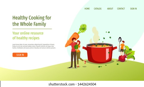 Web page design template for fresh vegetables, healthy cooking, natural products, family meal recipes. Vector illustration for poster, banner, website development.