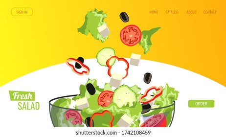 Web page design template for fresh vegetables, salad, organic food, natural products, online food ordering, recipes. Vector illustration for poster, banner, website, flyer, advertising, menu.