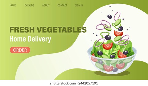 Plantilla de diseño de página web para vegetales frescos, productos naturales, alimentos orgánicos, entrega de alimentos en línea, recetas. Ilustración, landing page, póster, banner.