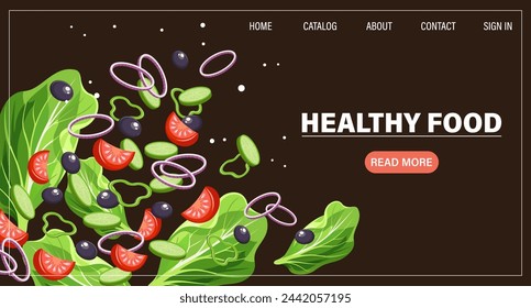 Plantilla de diseño de página web para vegetales frescos, productos naturales, alimentos orgánicos, entrega de alimentos en línea, recetas. Ilustración, landing page, póster, banner.