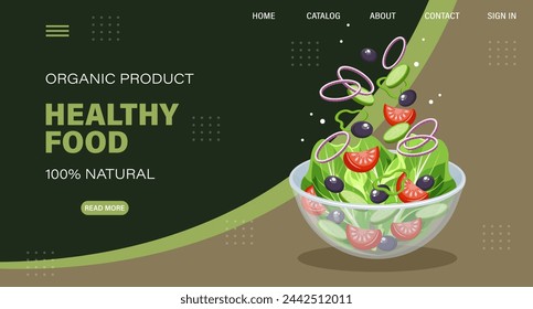 Web page design template for fresh vegetables, natural products, organic food, online food delivery, recipes. Illustration, landing page, poster, banner.