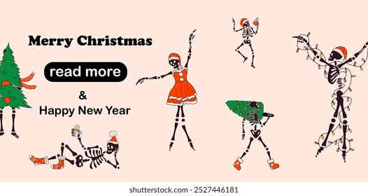 Web page design template. Funny Skeleton with with decoration christmas. Vector illustration for poster, banner, website development.