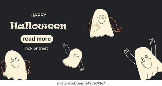 Web page design template. Ghosts with face emotions, hands and legs. Vector illustration for poster, banner, website development. Cute funny characters