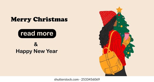 Web page design template. A girl in a hat with a backpack stands in front of a Christmas tree with a cup of coffee. Vector illustration for poster, banner, website development.