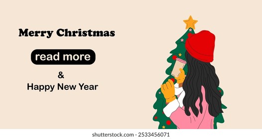 Web page design template. A girl in a hat with a backpack stands in front of a Christmas tree with a cup of coffee. Vector illustration for poster, banner, website development.