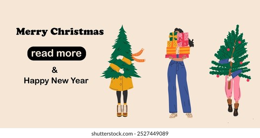 Web page design template. Girls that are carry christmas tree. Vector illustration for poster, banner, website development.