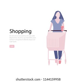 Web page design template for grocery shopping. Flat woman with food basket ilustraton. Weekend sale customer. Product choosing in supermarket