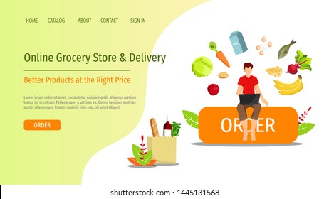 Web page design template for Grocery store, Online Market, Home delivery. Man with laptop and food on the white background. Vector illustration for poster, banner, website development.