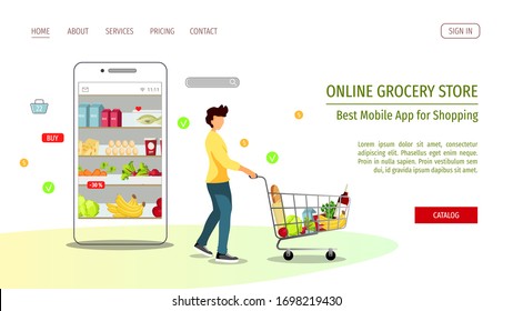 Web page design template for Grocery store, Online Market, Home delivery, Shopping. Young man with trolley and grocery shelves in smartphone. Vector illustration for poster, banner, website, flyer.