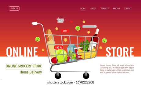 Web page design template for Grocery store, Online Market, Home delivery, Shopping. Grocery trolley with food. Vector illustration for poster, banner, website, flyer.