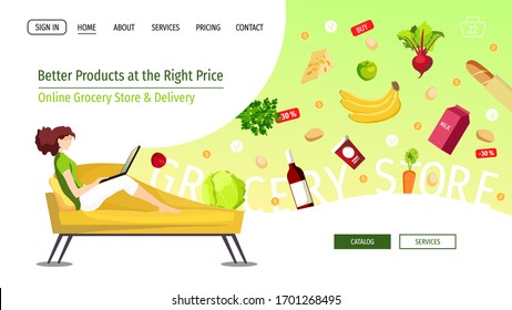 Web page design template for Grocery store, Online Market, Home delivery, Shopping. Young woman sitting on the sofa and ordering food. Vector illustration for poster, banner, website, commercial.