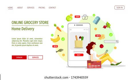 Web page design template for Grocery store, Online Market, Home delivery, Shopping. Young woman ordering food in a mobile app. Vector illustration for poster, banner, website, commercial.