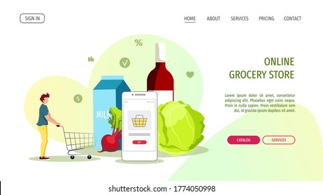 Plantilla de diseño de página web para tienda de comestibles, mercado en línea, entrega en casa, compras. Joven con carro, comestibles y smartphone. Ilustración vectorial para afiches, banner, sitio web, volante.