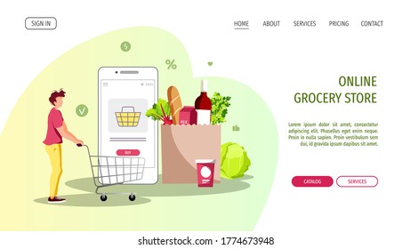 Plantilla de diseño de página web para tienda de comestibles, mercado en línea, entrega en casa, compras. Joven con carro, comestibles y smartphone. Ilustración vectorial para afiches, banner, sitio web, volante.