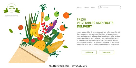 Web page design template for grocery store, online market, farm, home delivery fresh vegetables and fruits. Vector illustration for website development, app mobile. Fresh organic food in cardboard bag