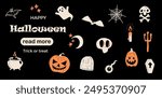 Web page design template. Halloween Party Traditional Doodle Icons. Vector illustration for poster, banner, website development. 