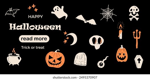 Web page design template. Halloween Party Traditional Doodle Icons. Vector illustration for poster, banner, website development. 