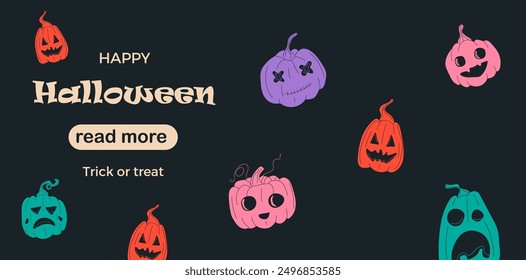 Web page design template. Halloween pumpkins, funny faces. Vector illustration for poster, banner, website development. 
