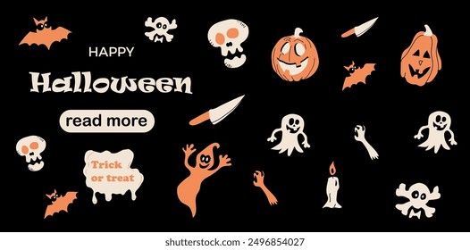 Web page design template. Halloween Party Traditional Doodle Icons. Vector illustration for poster, banner, website development.