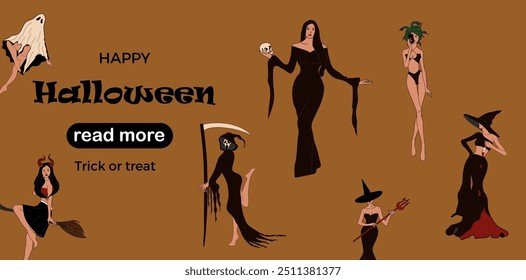 Web page design template. Halloween costume concepts. Witch. Vector illustration for poster, banner, website development.