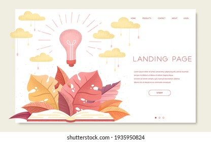 Web page design template with hand drawn open book, tropical leaves, clouds and light bulb for education, consulting. Modern vector illustration concept for website and mobile development