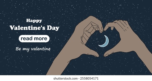 Web page design template. Hands show heart on moonlit night. Love Concept.  Happy Valentine's Day