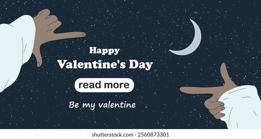 Web page design template. Hands show heart on moonlit night. Love Concept. Happy Valentine's Day