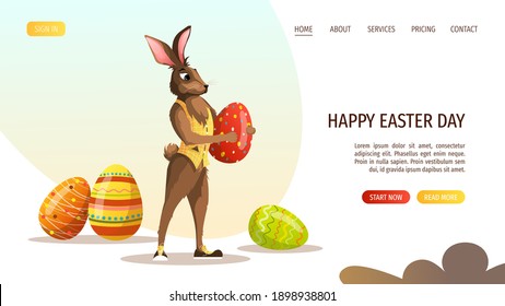 Web page design template for Happy Easter. Rabbit with decorated eggs. Vector illustration for poster, banner, website.