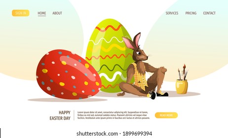 Web page design template for Happy Easter. Rabbit sitting with decorated eggs. Vector illustration for poster, banner, website.
