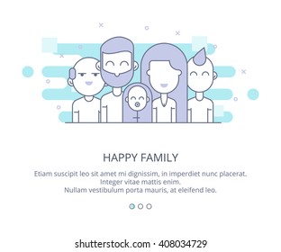 Web page design template of Happy Family Flat layout style,  grandparents, parents, kids. Line business concept web vector illustration. Flat Layout Style, Line Business Concept, Vector Illustration.