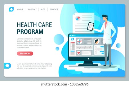 Web page design template health care program. Human on the abstraction background. Concept for HTML, banner, app, presentation, social media. UI/UX user interface. Flat modern vector illustration. 