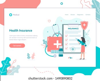 Web page design template. Health insurance concept. Flat vector illustration.