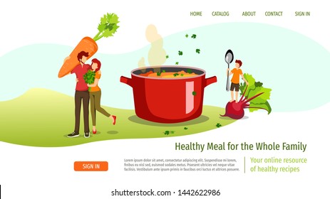 Web page design template for healthy food, natural products, recipes. Pan with vegetable soup, family and fresh vegetables. Vector illustration for poster, banner, website.