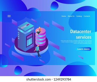 Web page design template for hosting and data center, big data processing, server room rack in isometric style. Vector illustration for the website and mobile landing page