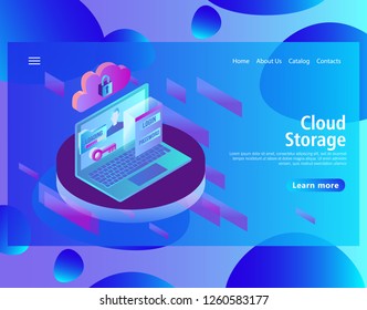 Web page design template for hosting and data center, big data processing, server room rack in isometric style. Vector illustration for the website and mobile landing page