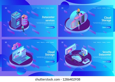 Web page design template for hosting and data center, big data processing, server room rack in isometric style. Vector illustration for the website and mobile landing page