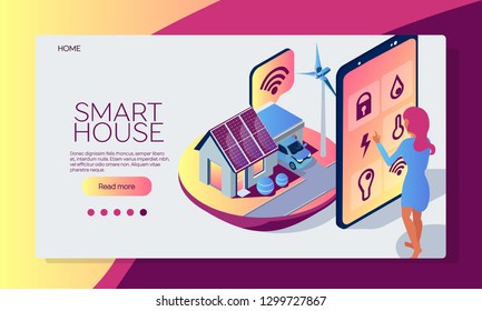 Web page design template. Isometric flat set. Smart house concept. Smart home mobile app. Illustration to web page, banner. Eco friendly house and car. Woman with smart phone