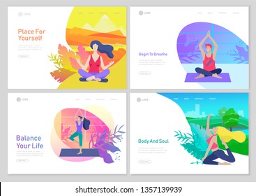 Web page design template with Man and woman meditate, sitting in yoga posture at home and at outdoor. Practice yoga lesson on nature. Mental health concept. Vector illustration cartoon