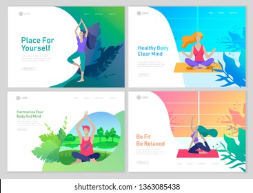 Web page design template with Man and woman meditate, sitting in yoga posture at home and at outdoor. Practice yoga lesson on nature. Mental health concept. Vector illustration cartoon